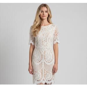 Lulus White Floral Lace Small Mini Dress Nude Lining Bridal Rehearsal Party Boho